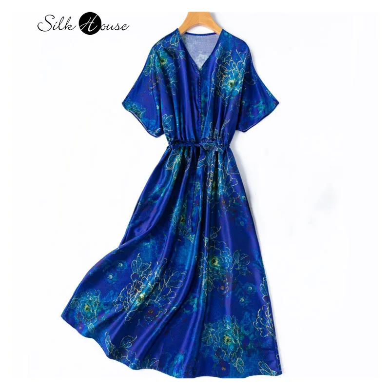 

2025 Women's Summer New Blue Peony Printed Artistic 93% Natural Mulberry Silk Elastic Satin V-neck Drawstring Waist Dress