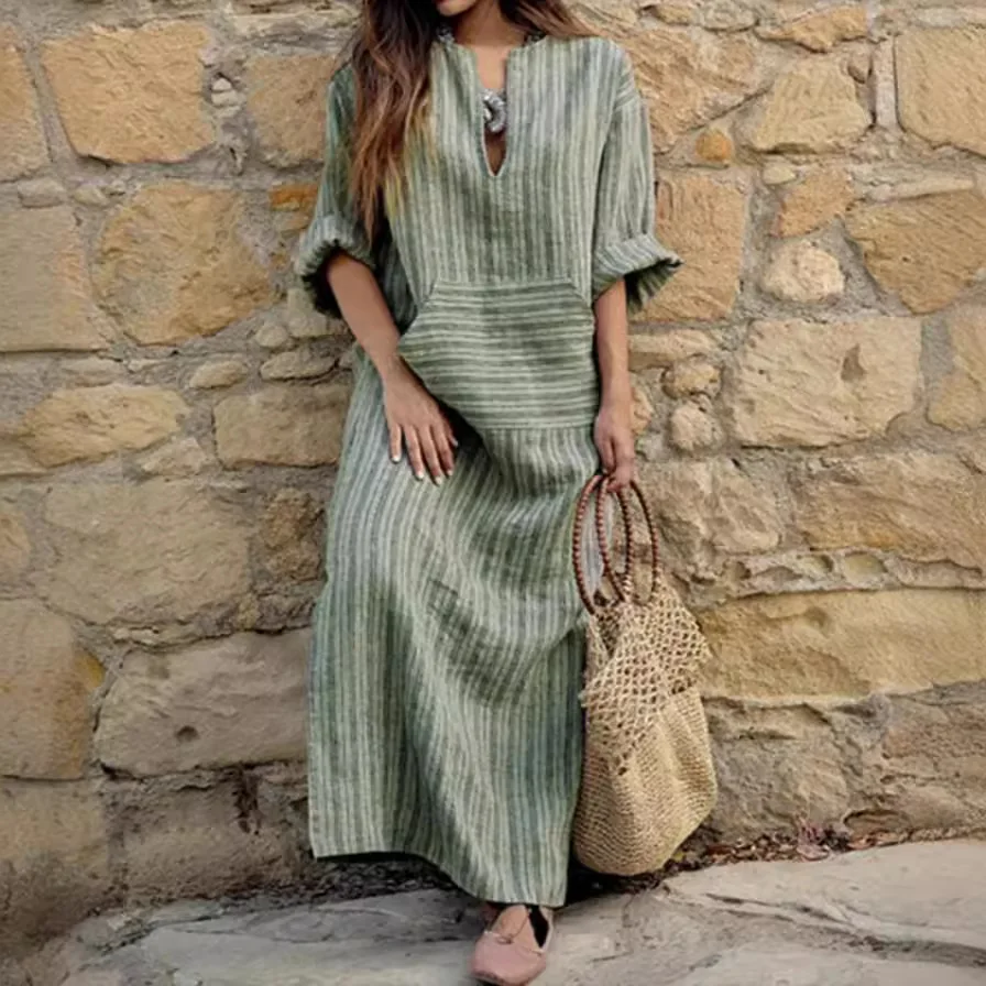 Luźna sukienka damska w paski z długim rękawem, w stylu boho vintage, letnia sukienka plażowa, sukienka maxi na wakacje, sukienki damskie Vestidos платье