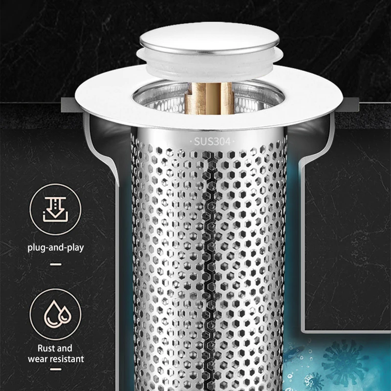 Washbasin Sink 304Stainless Steel Drain Filter Strainer Bouncing Core Mesh Anti-odor Bathroom Bathtub Accessories