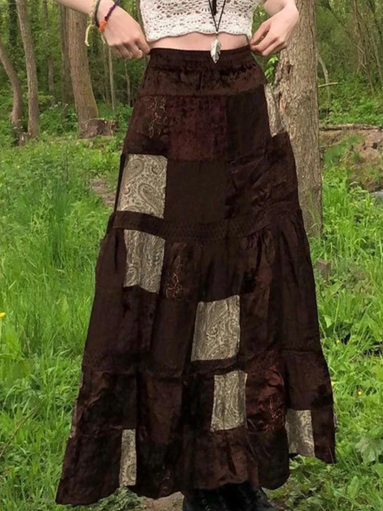 

Cute Party Long Skirts Printed Boho Grunge Fairycore Retro Skirts Kawaii Holiday Brown Pleated Skirts Women Elegant