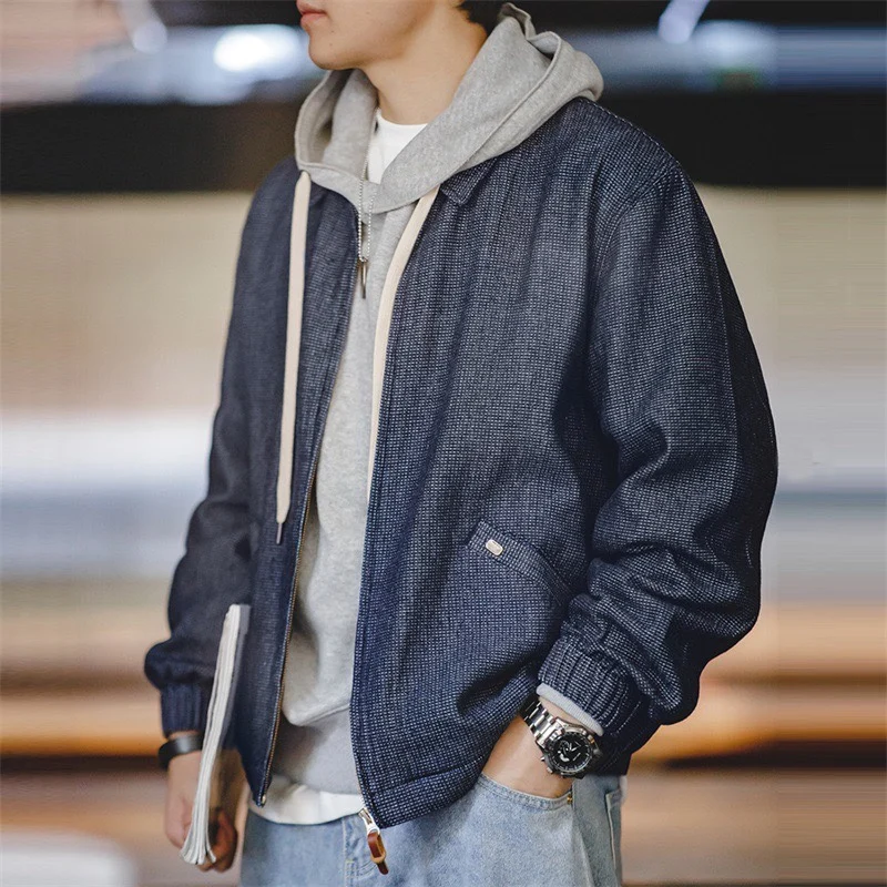 

Maden American Retro Denim Boxy Jaet y Loose Collar Men's Spring Autumn Trendy Outerwear Long Sve Zipper Closure