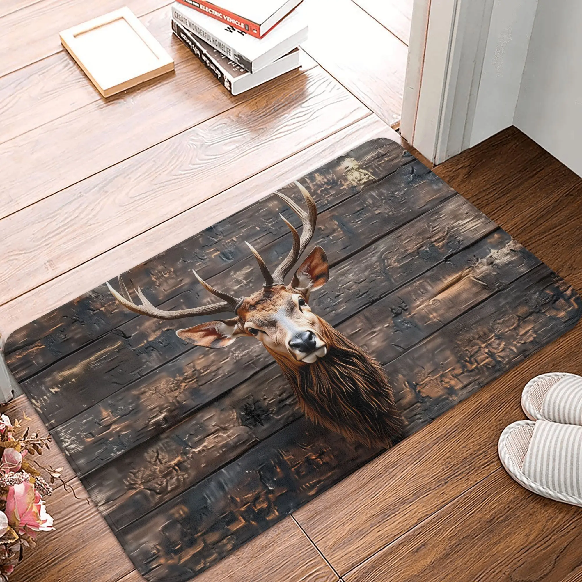 3D Rustic Stag Head Wooden Background Doormat Non-Slip Entrance Bathroom Kitchen Floor Door Mats  Living Room Rug Carpet Footpad