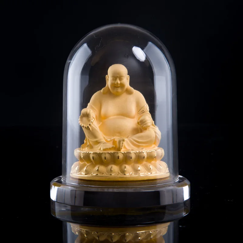 Golden Buddhist Ornaments Guanyin Maitreya Amitabha Sakyamuni Medicine Buddha Ksitigarbha Statue Glass Cover Figurine Home Decor