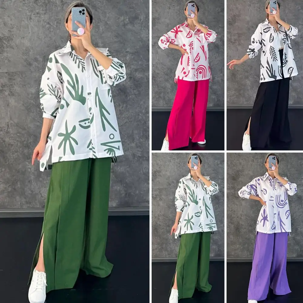 Long-sleeve Shirt Trousers Set Women's Printed Shirt Pants Set with Lapel Collar Side Split Pants Casual Outfit with for Women