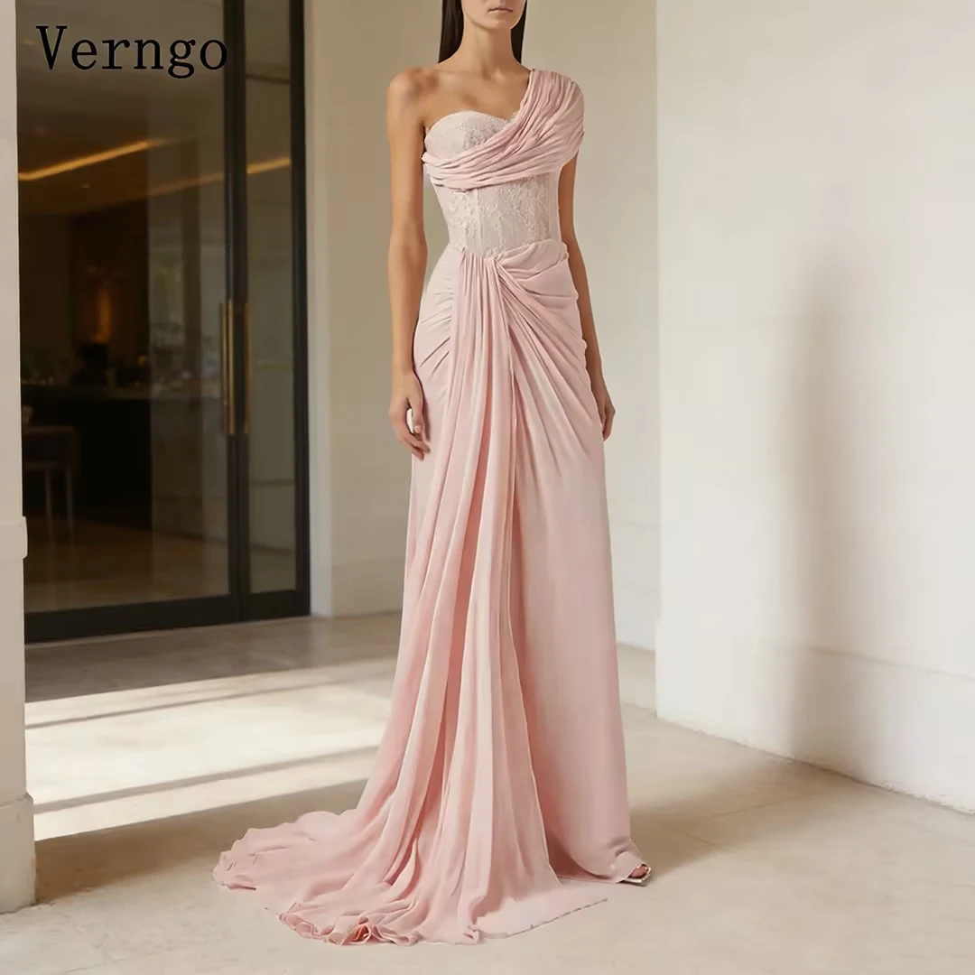 

Verngo Light Pink Chiffon Formal Occasion Dress One Shoulder A Line Prom Gowns Women Elegant Pleat Party Dress Customized