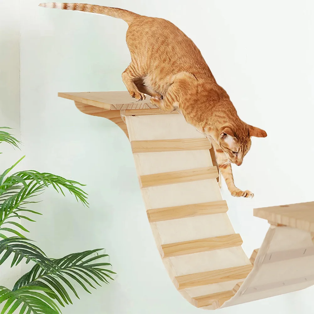 Wall Mounted Solid Wooden Cat Climbing Frame with Sisal Scratching Post Rope Ladder Double Jumping Platform Furniture