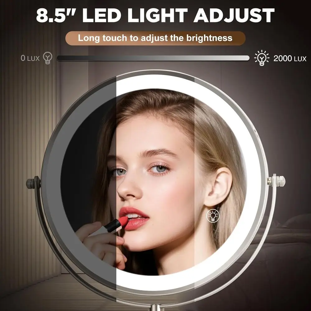 Doppelseitiger, mit LED beleuchteter Schminkspiegel, 360° °   Dreharm, 3 Farbmodi, verstellbare Vergrößerung, Oberfläche aus gebürstetem Nickel