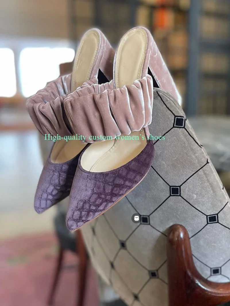 

Pink Velvet Fabric Shallow High heel Elastic Band Broadband Connection Summer Slippers Bestselling Model Luxury Women's Shoes
