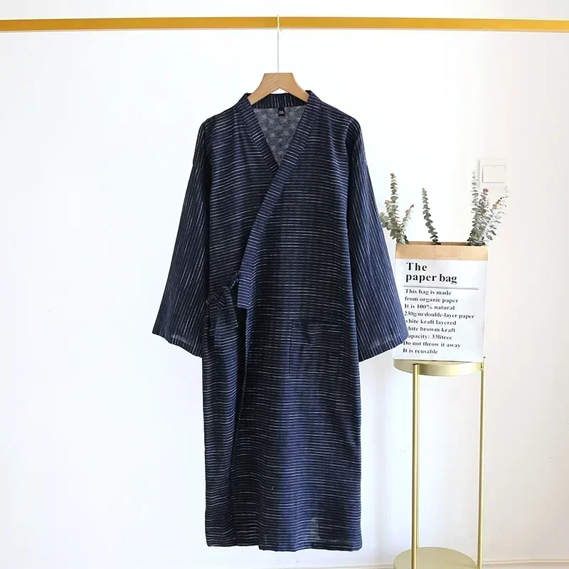 Nieuwe 2024 Heren Casual Katoenen Lijn Pyjama Effen Zachte Nachtkleding Mannen Badjas Japanse Kimono Katoenen Nachtjapon Huiskleding Heren