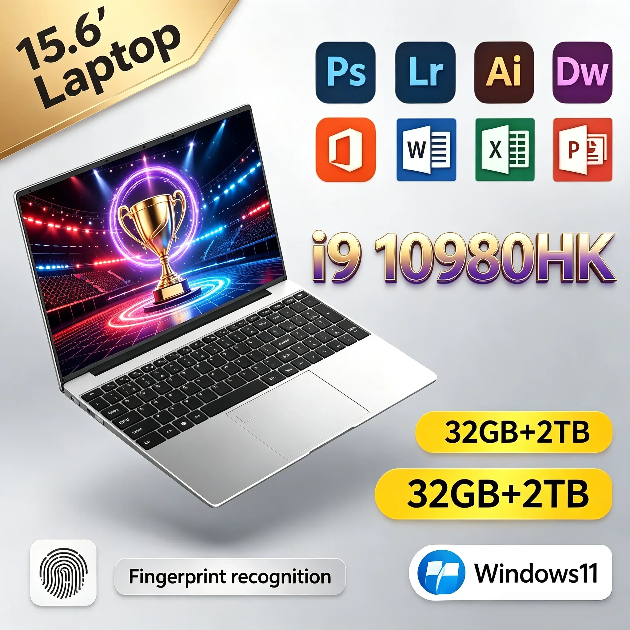 Intel I9-10980HK Laptop 15.6'' Inch FHD IPS Screen 32GB RAM 1TB/2TB SSD Win11 Fingerprint Unlock Portable Game Office Notebook