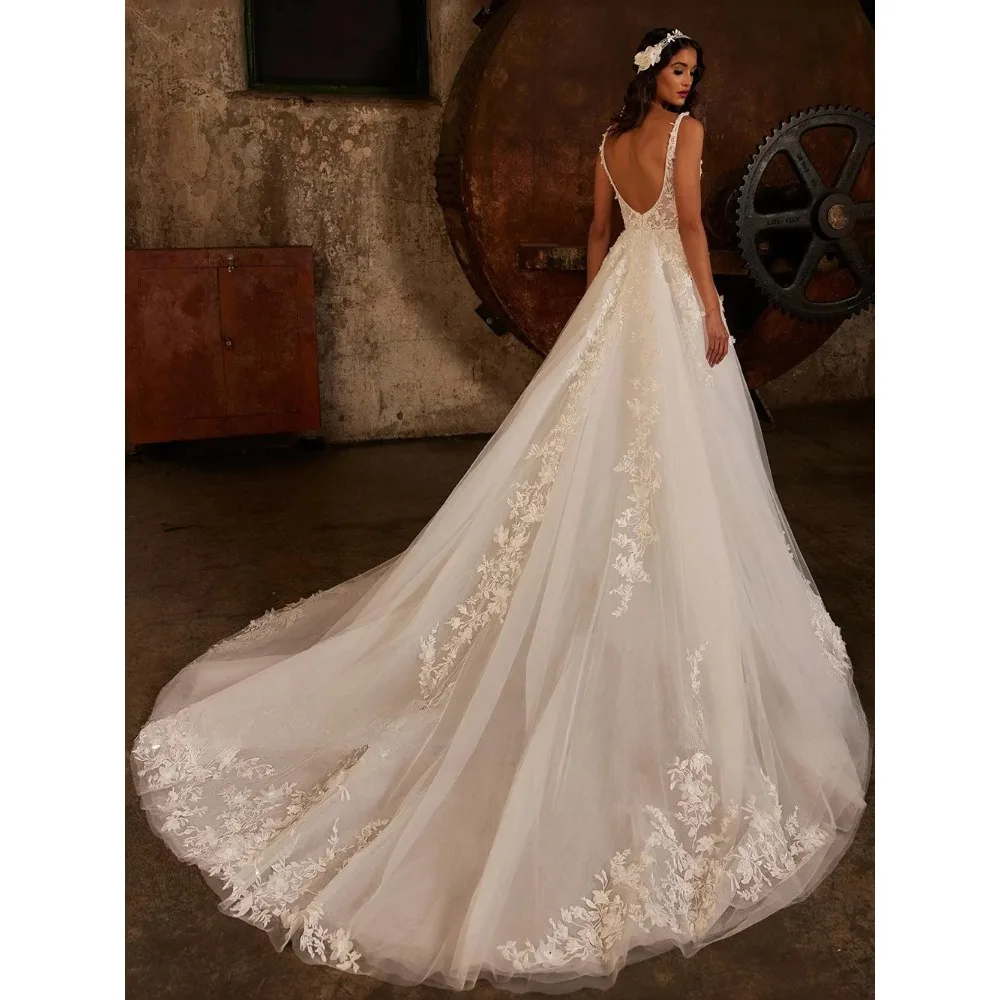 Classic Square Collar A-line Wedding Dresses Sleeveless Sequined Applique Tulle Sweep Train Bridal Gown Robe De Mariage