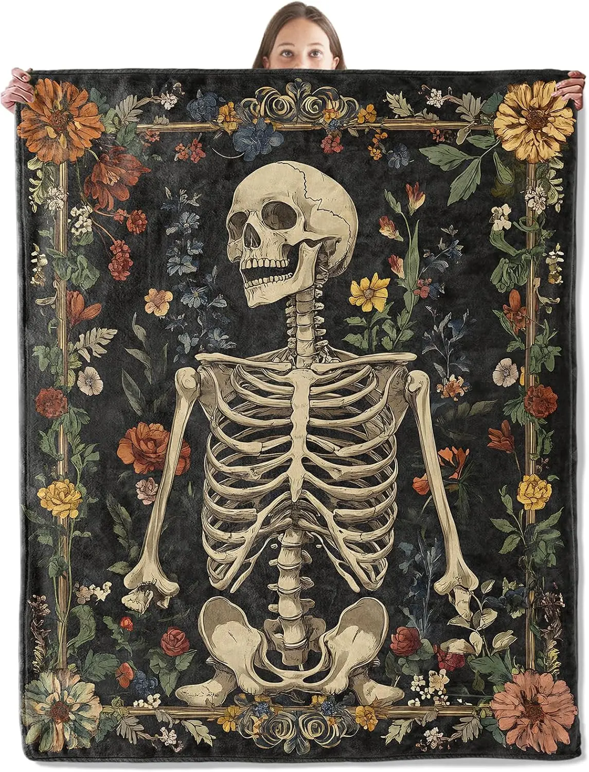 Retro Dark Floral Wreath Human Skeleton Antique Border Fluffy Blanket Soft Warm Cover Couch Office Picnic Halloween Decor Gift