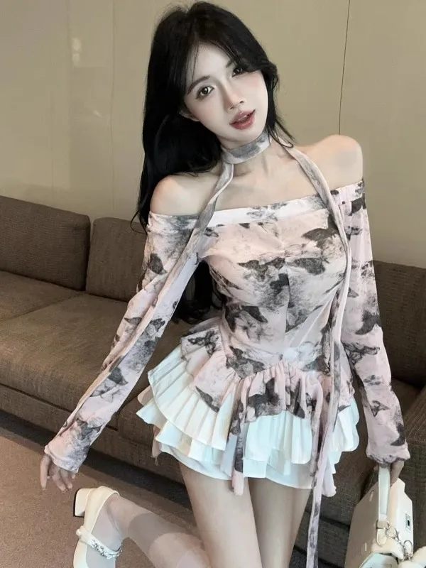 

Tie Dye Long Sleeve Women's T-Shirt Shoulder Bared Neck Hanging Irregular Lace Hem Autumn Winter Base Shirt Korean Style Knitted