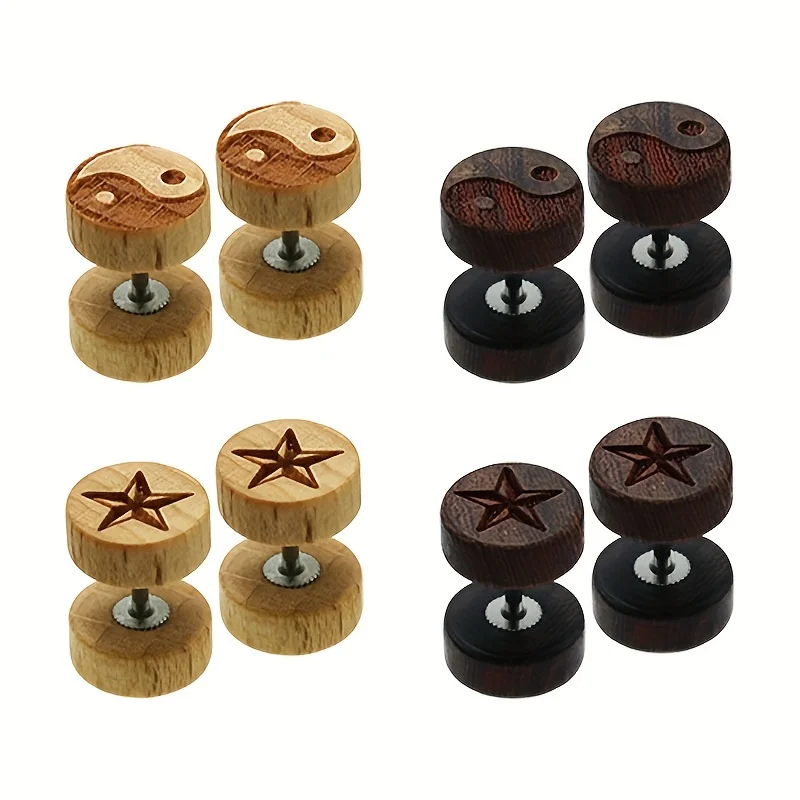 1PC Unisex Fashion Wooden Round Ear Studs Earrings Natural Brown Black 10mm Punk Barbell Fake Ear Plugs Brincos For Men Women