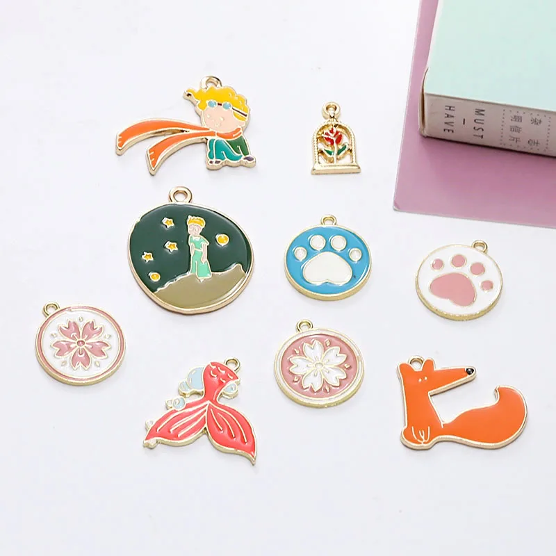 10pcs Diy Accessories Cartoon Alloy Little Prince Rose Little Fox Cherry Cat Claw Fish Tail Pendant Handmade Charms