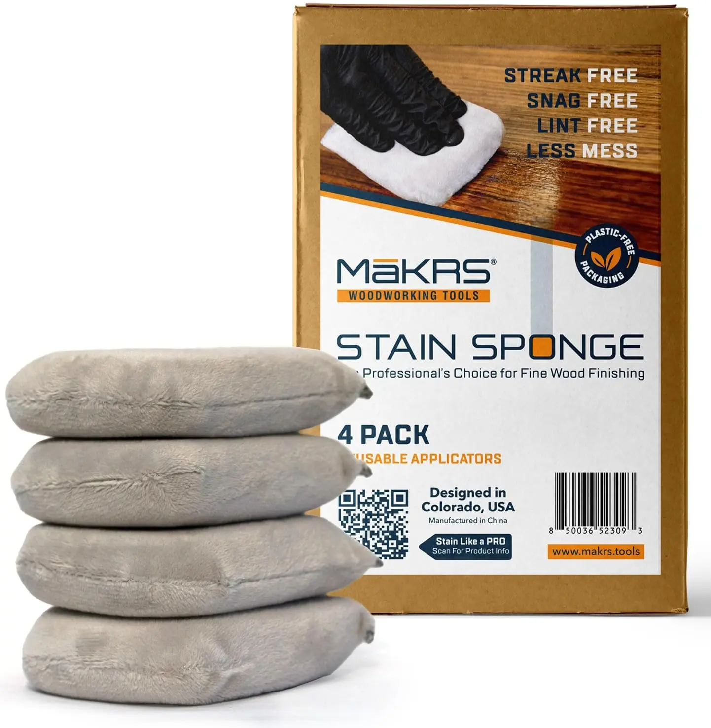 

Stain Sponge 4-Pack, Micro-Brush Applicator Pads for Wood Finishes, Lint-Free Snag-Free Streak-Free with Foam Core
