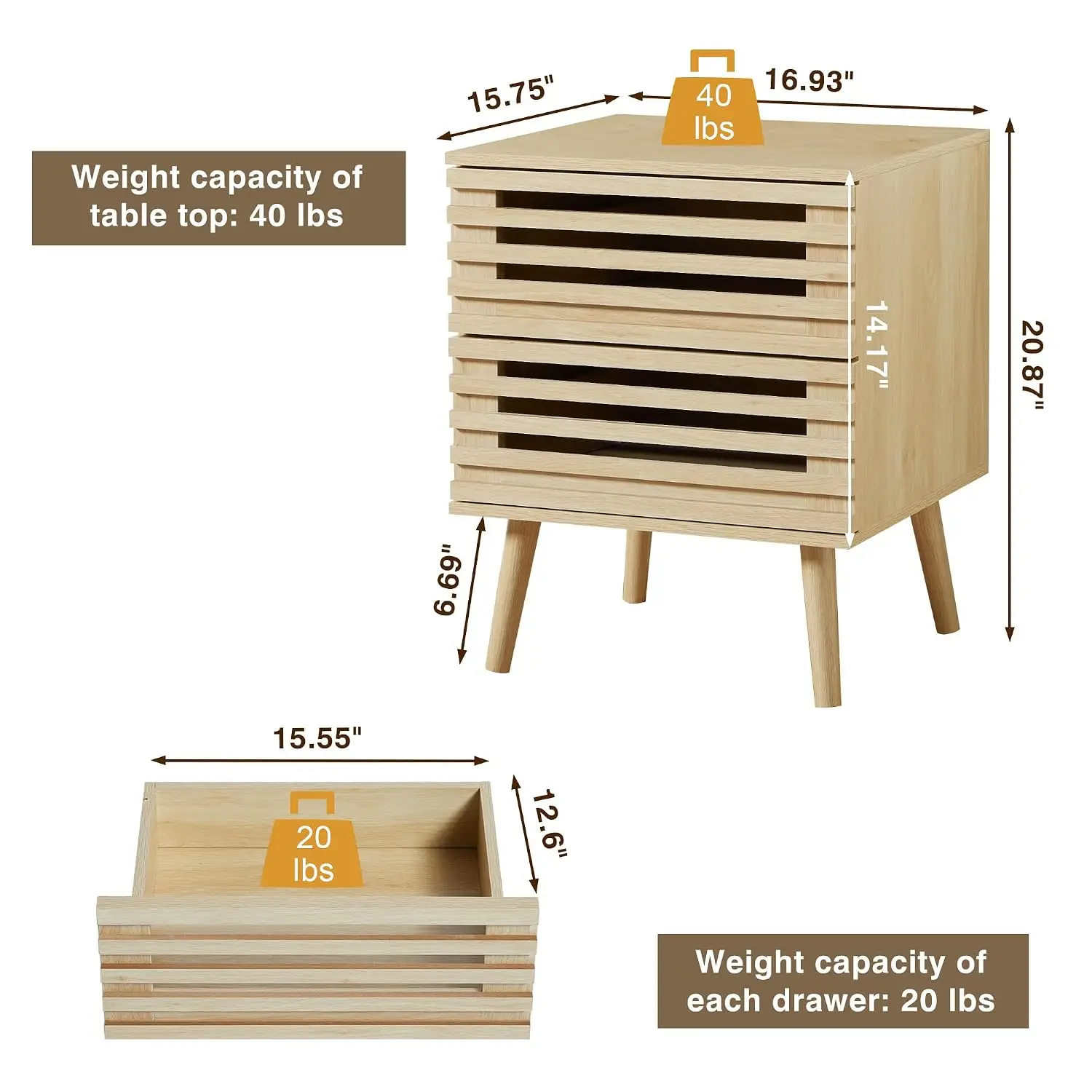 Boho Nightstand Set of 2 with Hollow Storage Drawers, Bedroom Bedside End Table for Living Room, Natural Oak, Customized