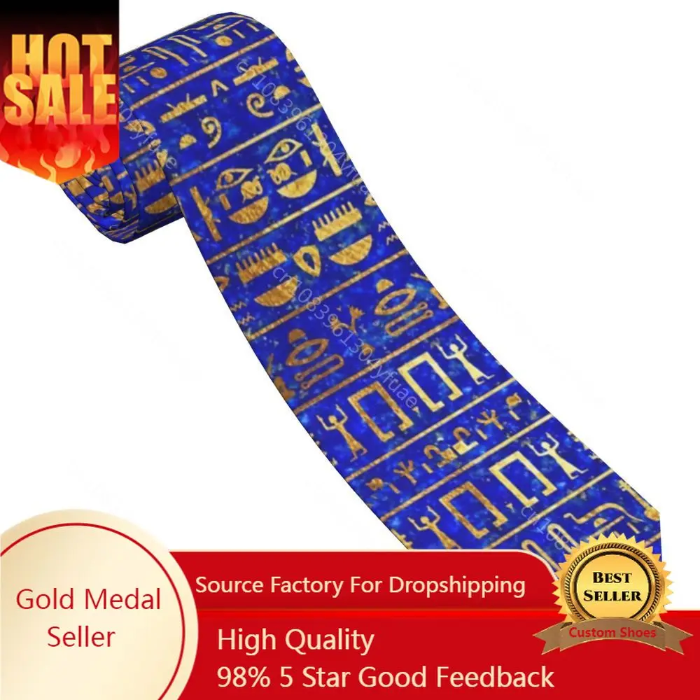 Gold Hieroglyphics Neckties Unisex Polyester 8 cm Egyptian Neck Tie for Men Casual Narrow Suits Accessories Business