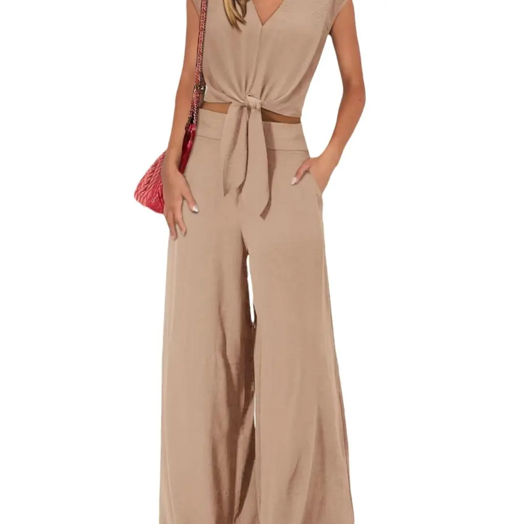 

Women's Summer 2-Piece Set European And American Fashion V-Neck Cover Sleeve Top with Drawstring Wide Leg Pants