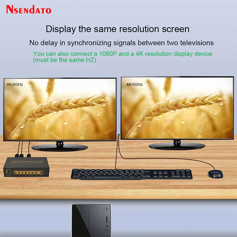 Divisor HDMI 1X2 4K 60Hz 1 en 2 salidas convertidor de interruptor HDMI con adaptador de corriente para Monitor HDTV Dolby HDCP2.2 DTS 1080p 4K