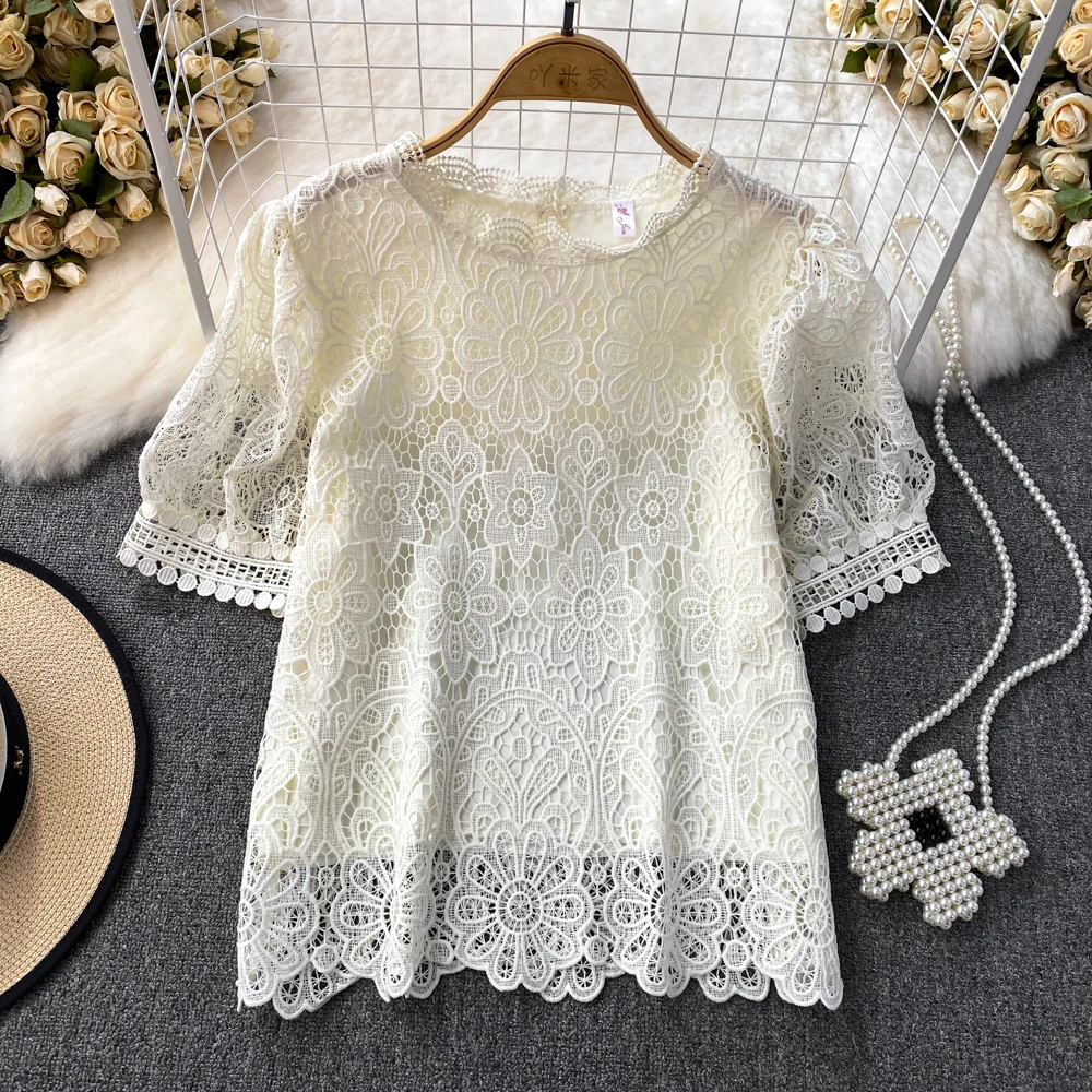 Chic Hook flower Hollow out Lace Shirt&Blouse Women\'s Tops Summer New Solid Blusas de verano mujer Casual blusas mujer elegantes