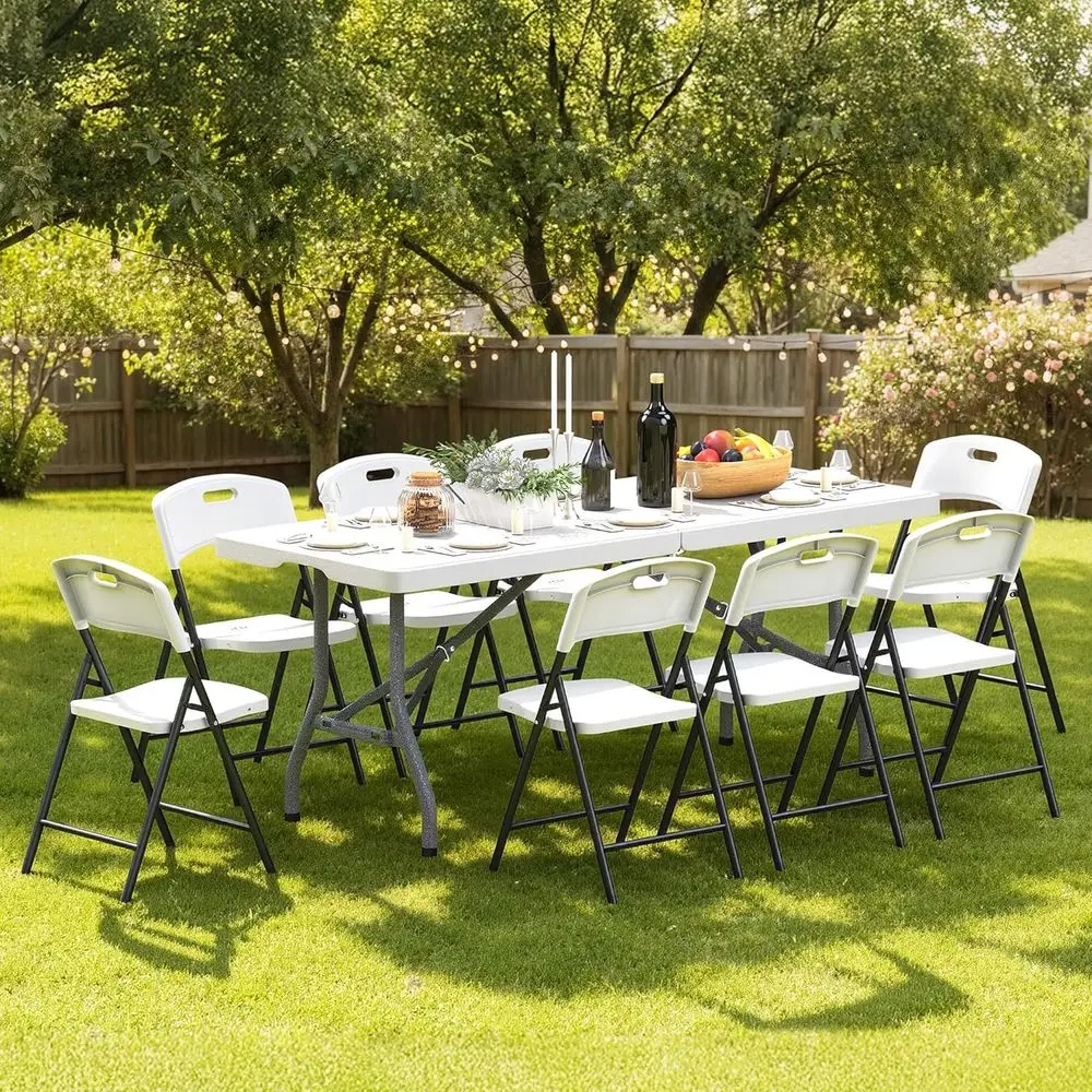 

Foldable Outdoor Dining Set with 8 Fully Assembled Dining Chairs for Easy Storage, Portable Patio Table and Chairs Set for Campi