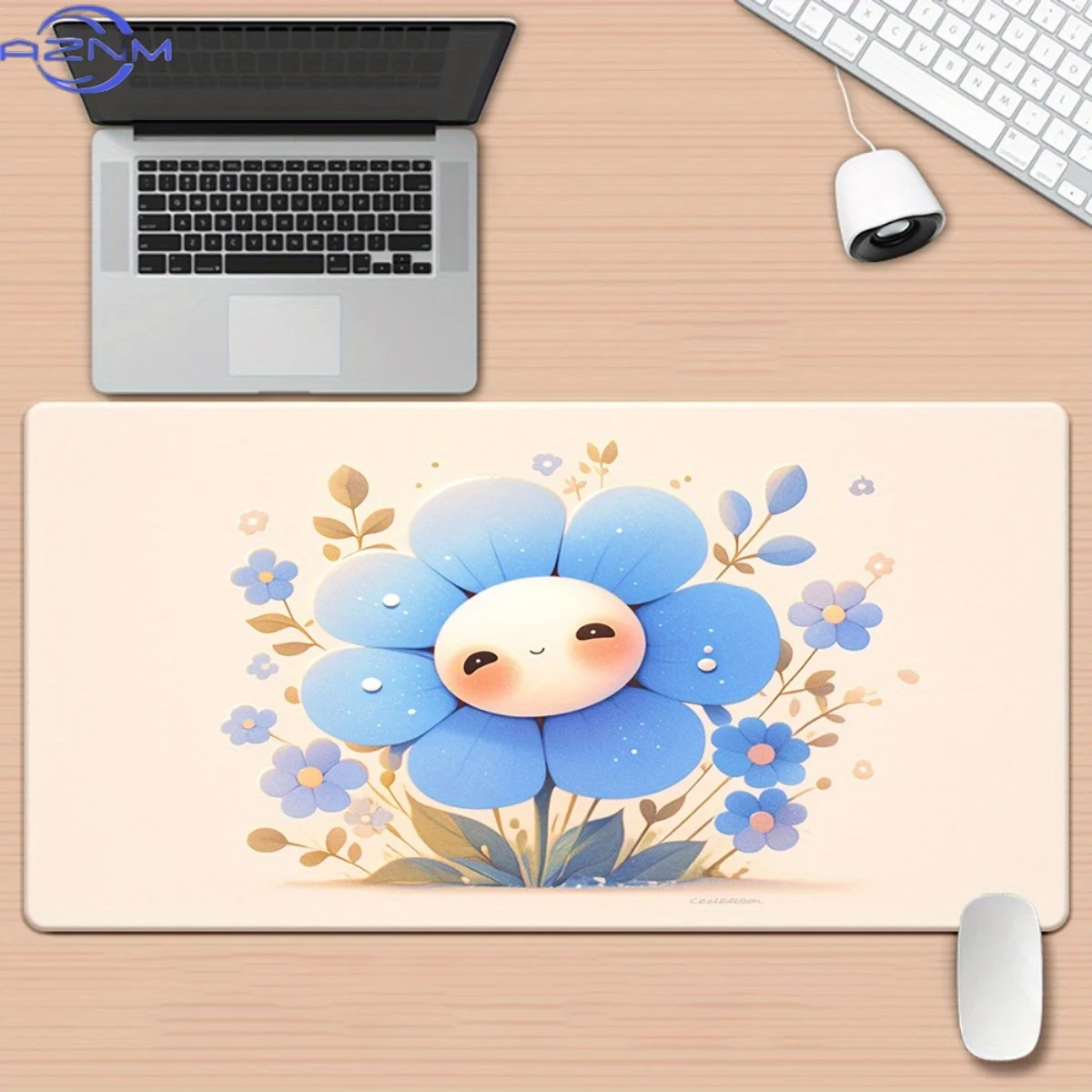 1pc Blue Flower & Cute Face Design XXL Mouse Pad - Large Non-Slip Rubber Base Desk Mat for Gaming, Office Decor, and Workspace P