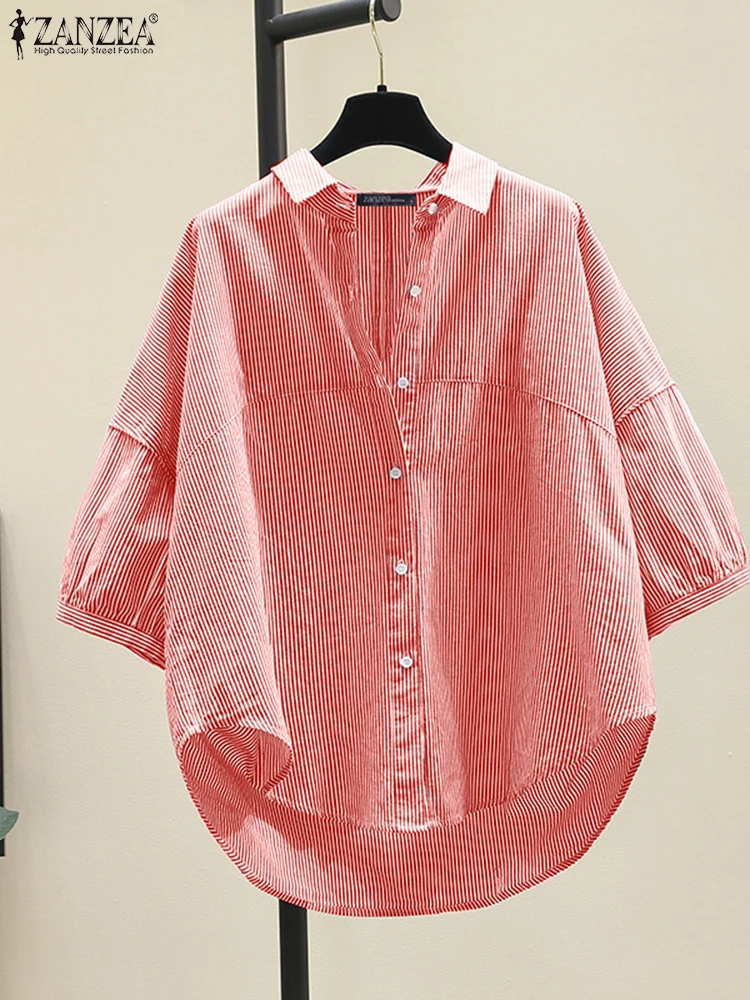 

ZANZEA женская сорочка с отложным воротником Femme, повседневная рубашка с рукавами-фонариками 3/4, модные рубашки с высоким и низким вырезом, полосатые топы на пуговицах