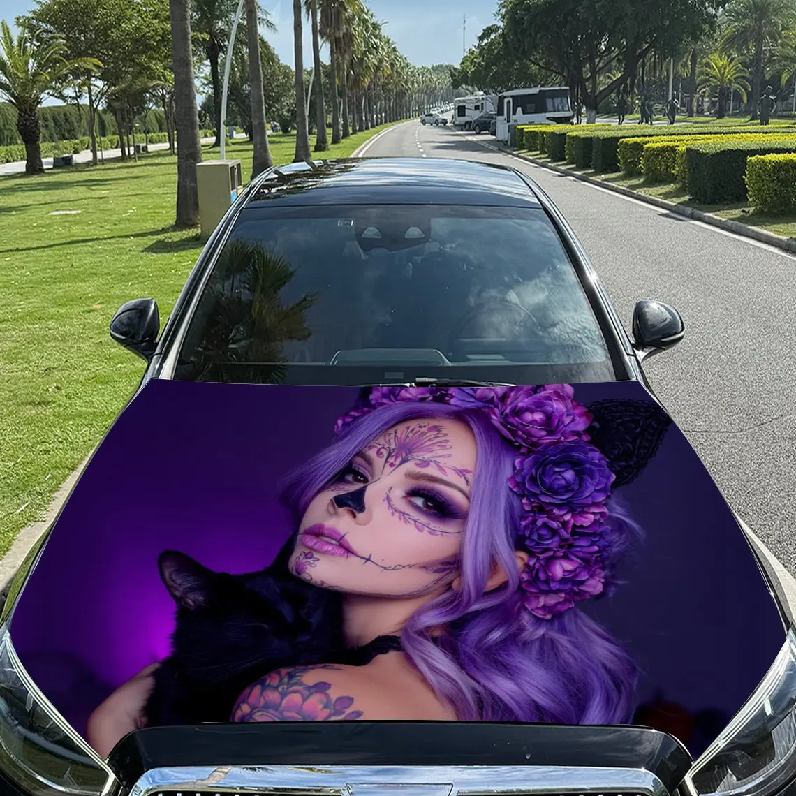 

Purple Haired Girl and Black Cat Car Vinyl Wrap, PVC Material Waterproof Car Hood Sticker, Self-Adhesive Scratch-Resistant Stick