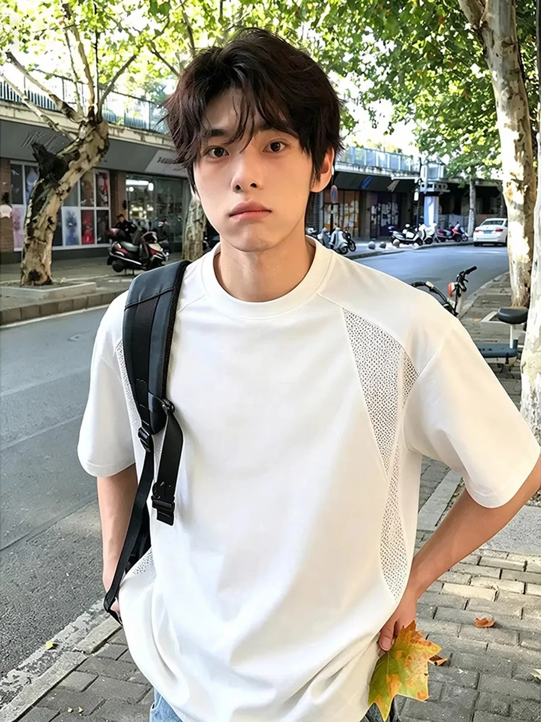 

American Style Mesh Splicing White Men's T-Shirt Summer High Sensation Boxy Cool Short Sleeve Half Sleeve Sporty Casual Wear
