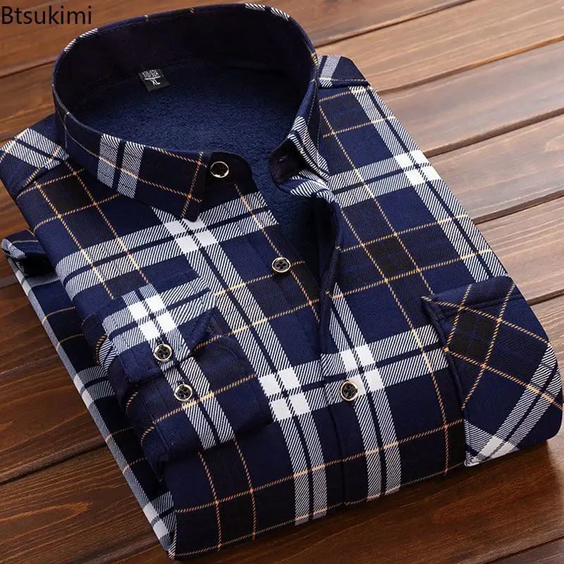 New 2024 Autumn Winter Keep Warm Fleece Long Sleeve Plaid Shirt for Men Casual Loose Comfortable Warm High-Quality Shirt Tops