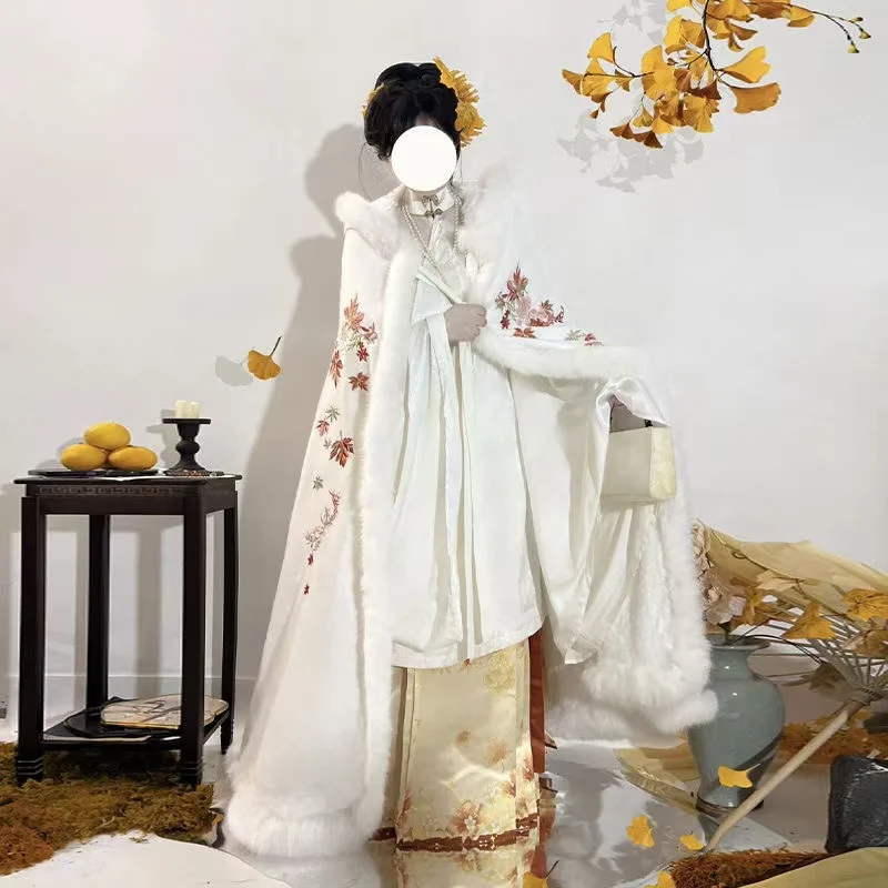 الشتاء رشاقته المخملية الدافئة Hanfu رداء طويل فتاة القديمة الخارجي زي الرأس الكلاسيكية الأبدية أوراق القيقب التطريز عباءة المرأة #5
