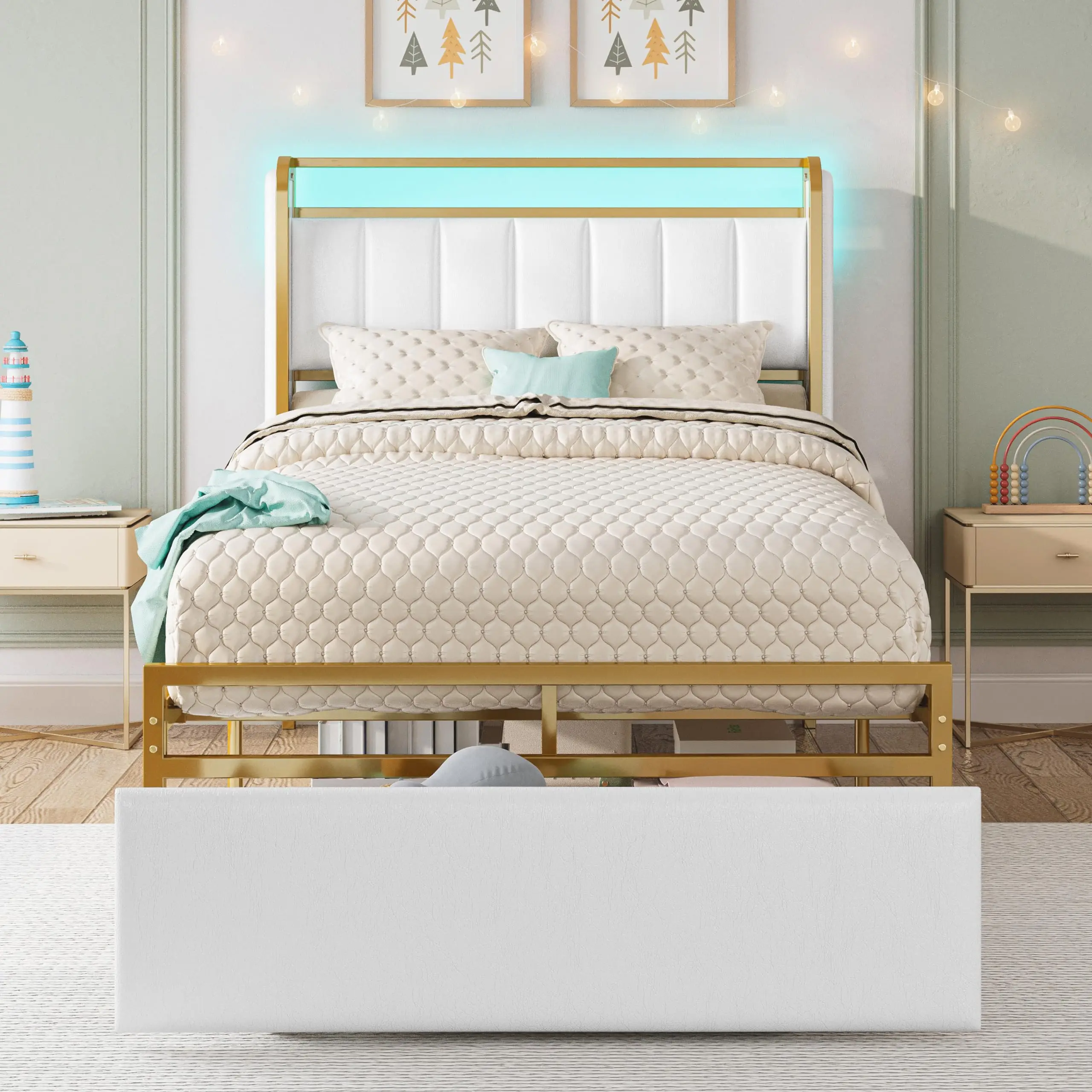 LIKIMIO Twin Size Bed Frame with Armrests Headboard & RGB Light, Upholstered Twin Size Bed Platform with Drawers