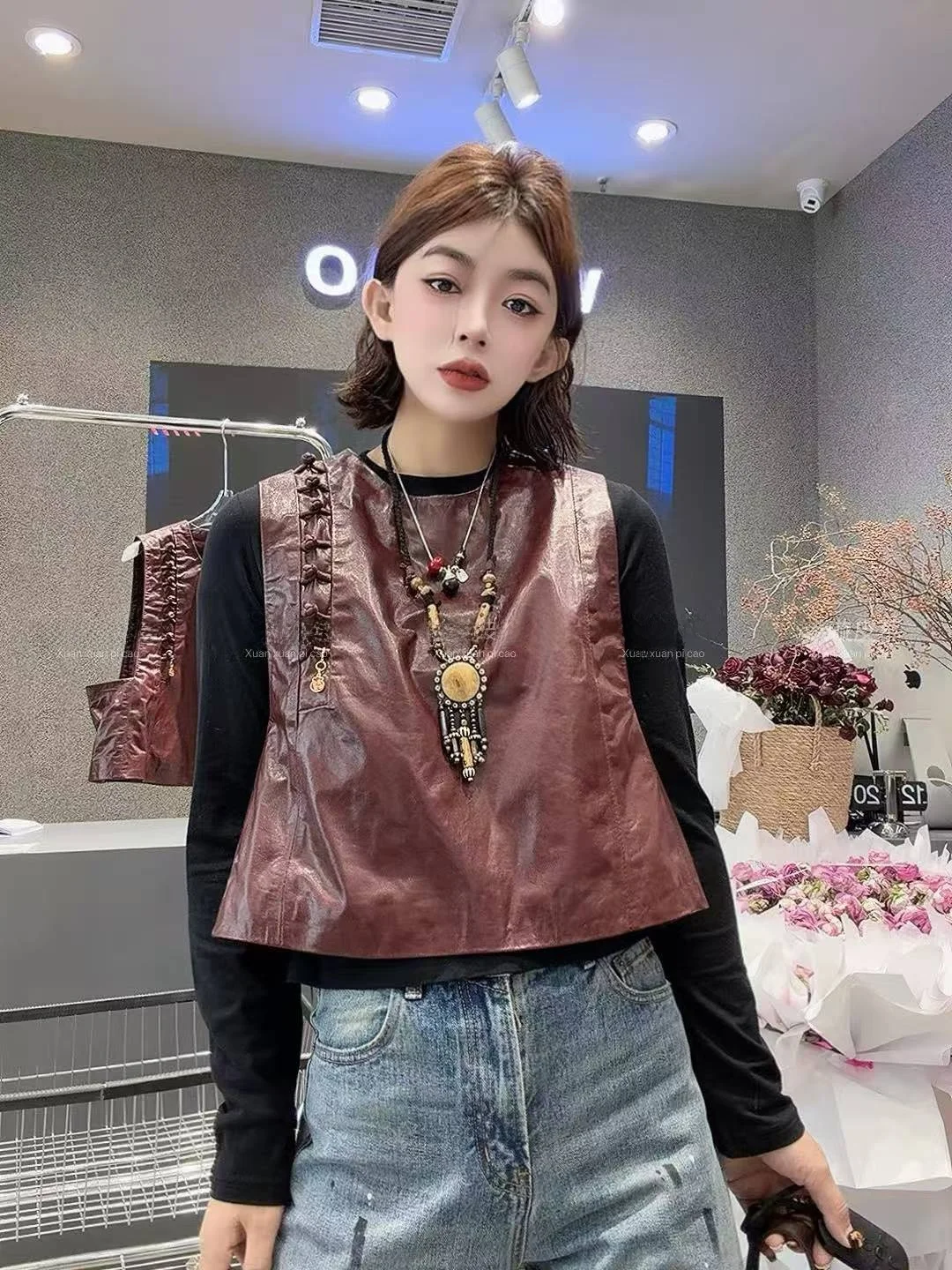 

2025 New Women's Genuine eepskin Leather Vest ort Svel Jaet Slimming Versatile Trendy Commute Sle Autumn Faion