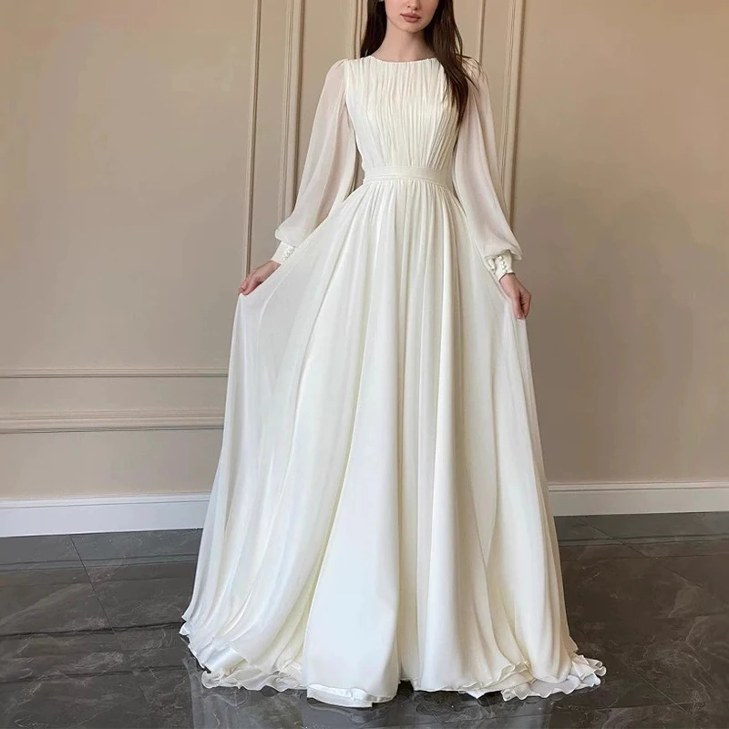 

Женское повседневное платье с рукавами-фонариками, однотонное, для банкетов, летнее, модное, с завышенной талией, длинное, весеннее, элегантное, с круглым вырезом, драпированное, из шифона