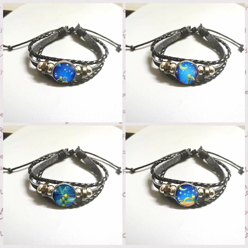 2024 New Arrival Fashion The Little Princes Foxs Fairy Tale Stories Glass Dome Jewelry Handmade Mens Black Leather Bracelets