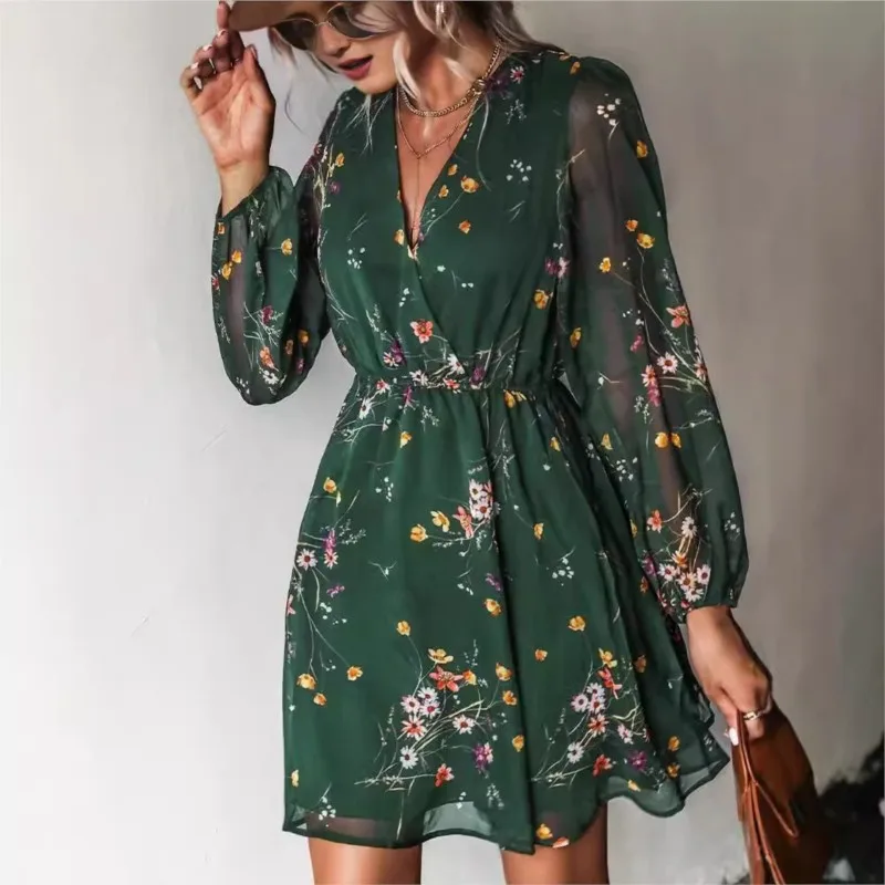 

Women's Dresses Autumn Elegant Decent Floral Long Sleeve Stand Collar Mini Shift Casual Dresses
