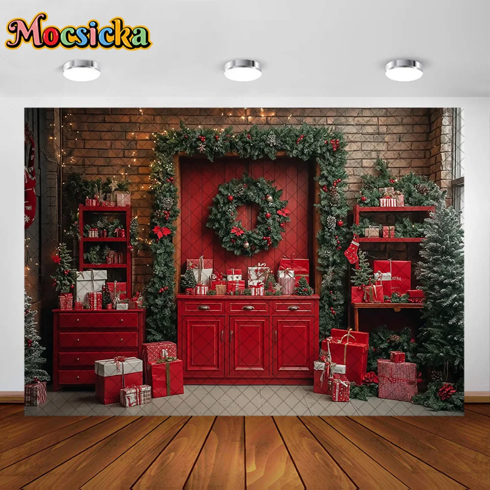 Mocsicka Photography Background Red Christmas Room Xmas Tree Wreath Decoration Backdrop Family Kids Holiday Party Prom Studio