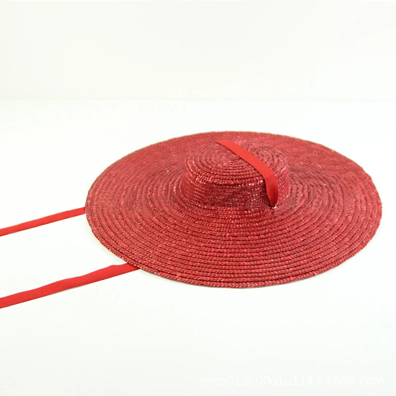 Sombrero de paja de ala ancha para mujer, gorro plano de playa de 15cm, con cinta, para el sol, gris, Negro, Rojo, rosa, azul, con correa para la