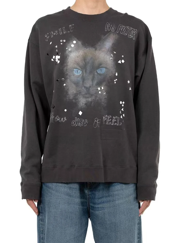 

26SS Three Source Retro Cool Cat Printed Loose Casual High Street Style Round Neck Sweatshirts for Men and Women