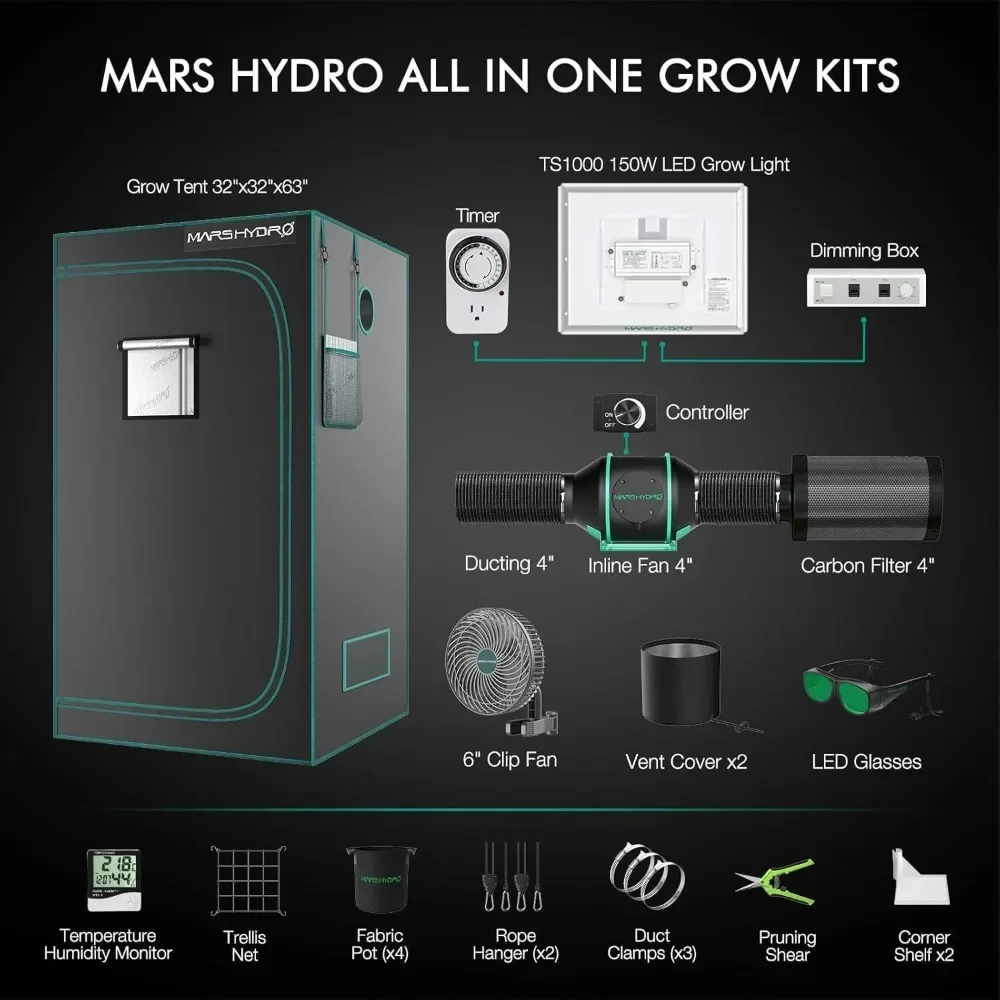 3x3 Grow Tent Kit Complete 150W TS1000 Dimmable Full Specturm 2.3x2.3x5.2FT Grow Tent Complete System 27