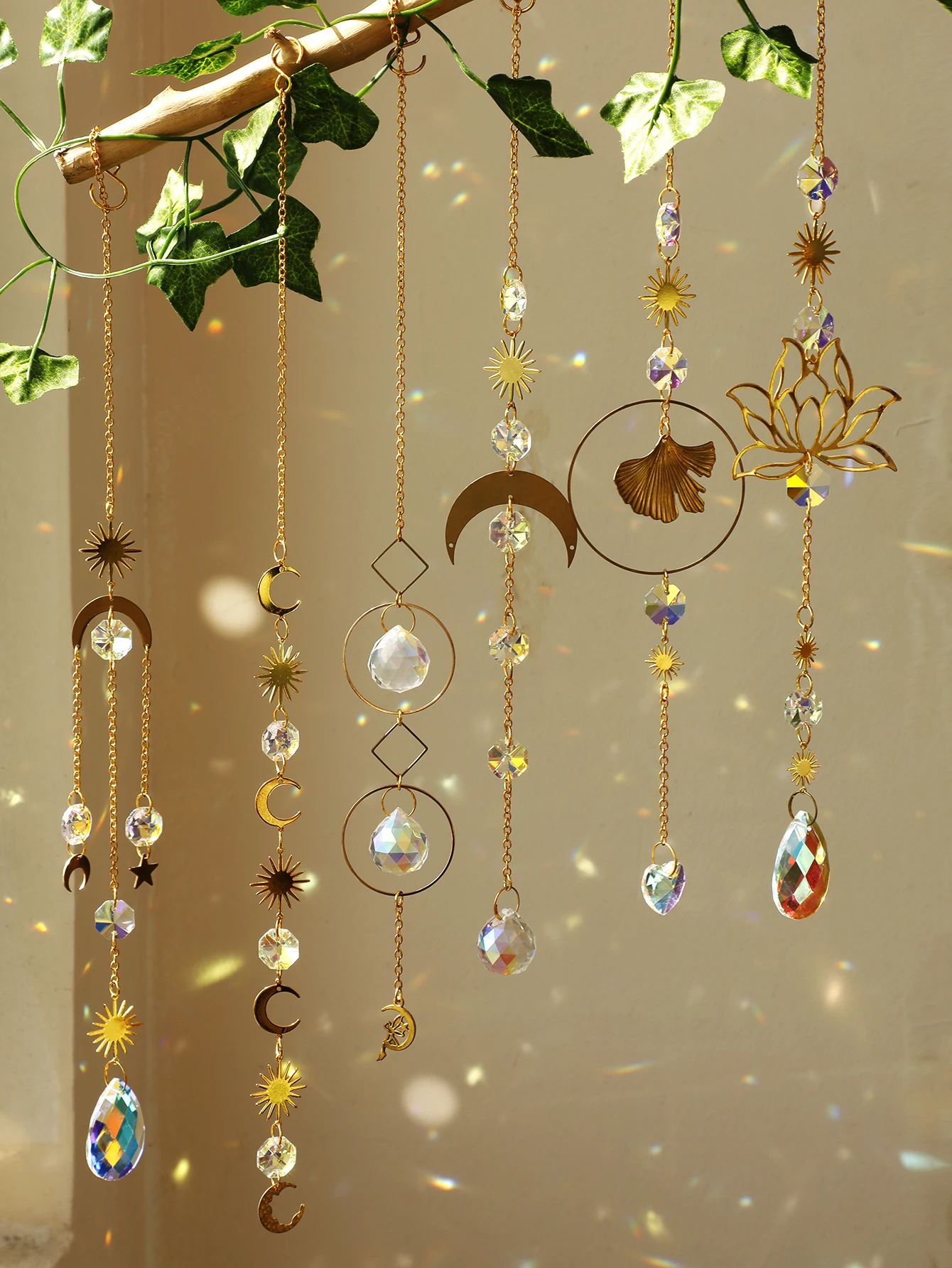 Sun Moon Crystal Suncatcher Rainbow Maker Stained Glass Beaded Sun Catcher Window Hanging Ornament Wind Chimes Yard Garden Decor