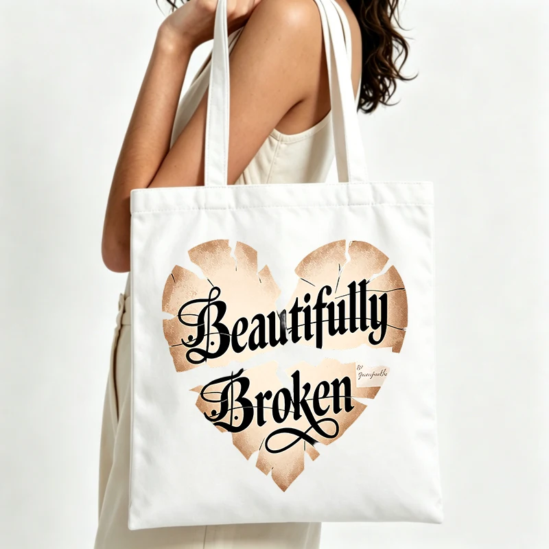 broken heart letter print canvas tote bag, typography style for daily shopping and casual outings