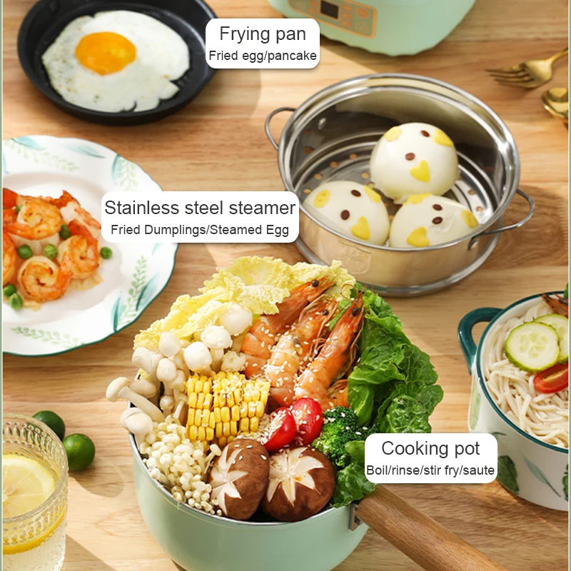 Electric Skillet Noodle Pasta Cooker 1.8L Hotpot Egg Omelette Cooking Wok Heater Soup Stew Pot Non-stick Frying Pan Food Steamer