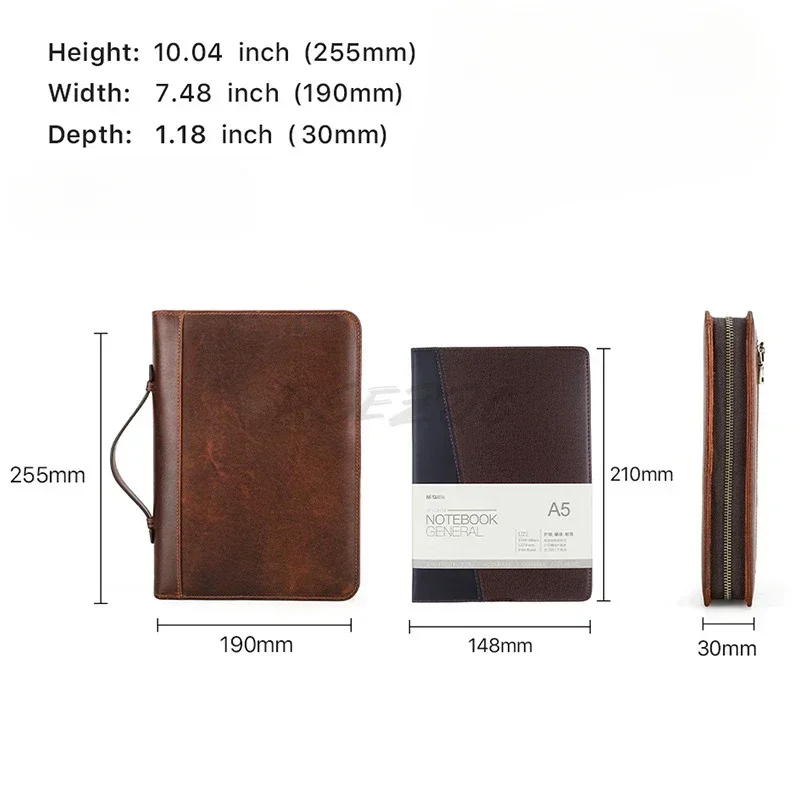 Retro Dark Brown A5 Notebook Leather Cover Diary with Pen Slot Wrist Zipper Business Office Notebook Book Cover