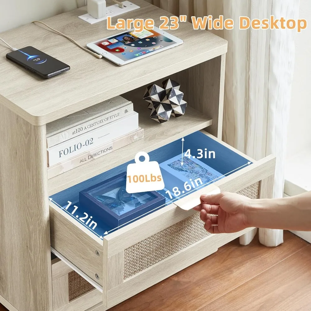 منضدة الروطان المزدوجة على الطراز البوهيمي مع شحن وتخزين لغرفة النوم باللون الرمادي والأبيض