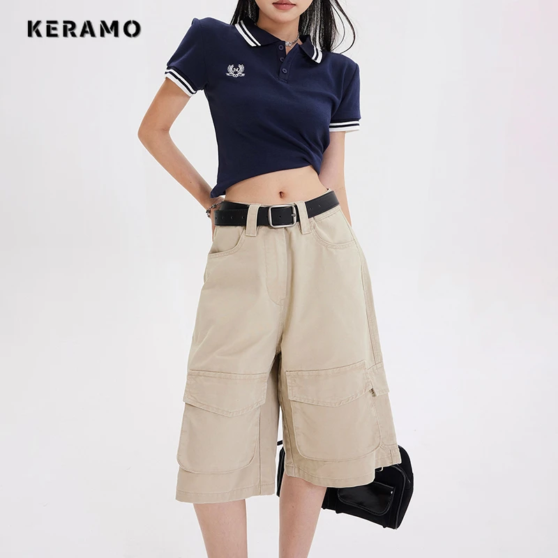 Celana pendek kargo Vintage wanita, Jeans pinggang tinggi kasual 2000s setengah panjang, celana pendek Denim Retro kaki lebar