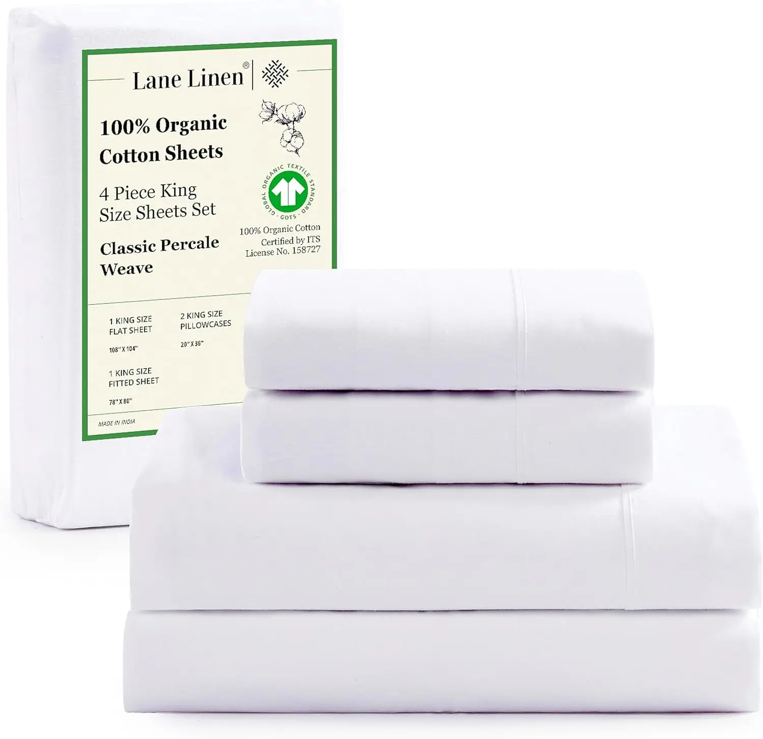 

100% Organic Cotton King Size Sheets Set, Soft & Comfy All Season Breathable Sheets King Size, Percale Weave Fully Elasticized