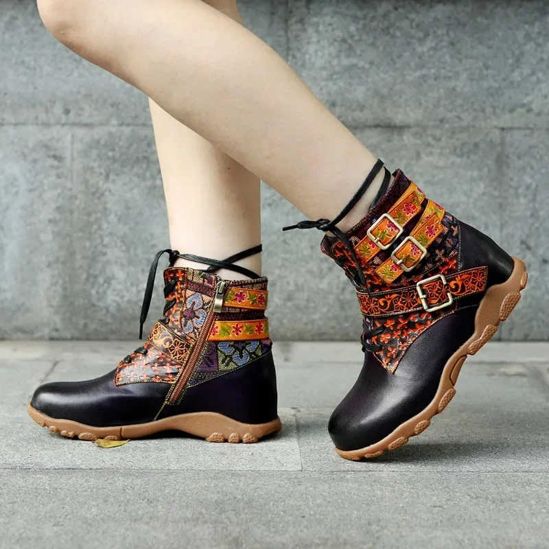 2025 Autumn Winter Multi-color Genuine Leather Roman Boots for Women Printed Lace up Women Ankle Boots Belt Buckle Ladies Shoes