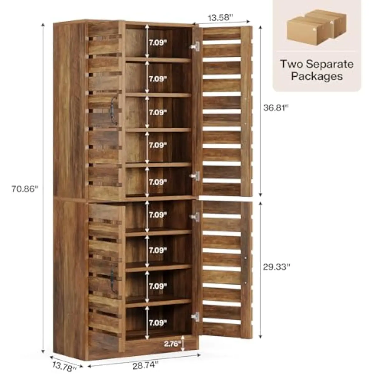 Tall 70.8 inch vertical shoe storage unit with ventilated shutter doors, 9 adjustable tiers for up to 27 shoe pairs, compact 13.